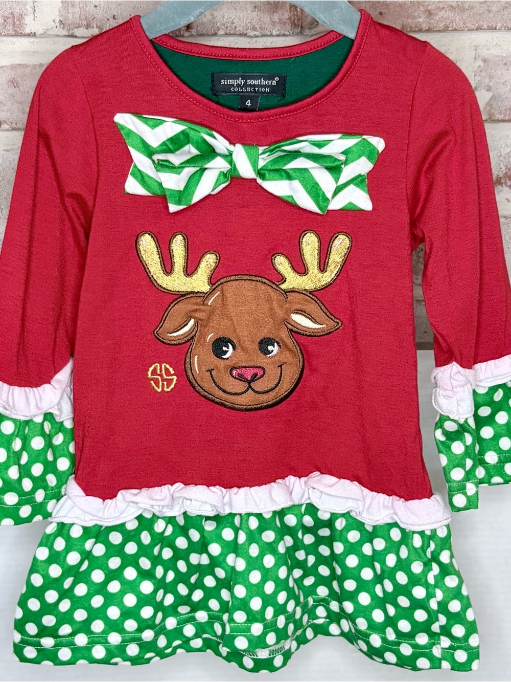 Simply Southern Girls Christmas Reindeer Top Size 4 Red Green Polka Dot